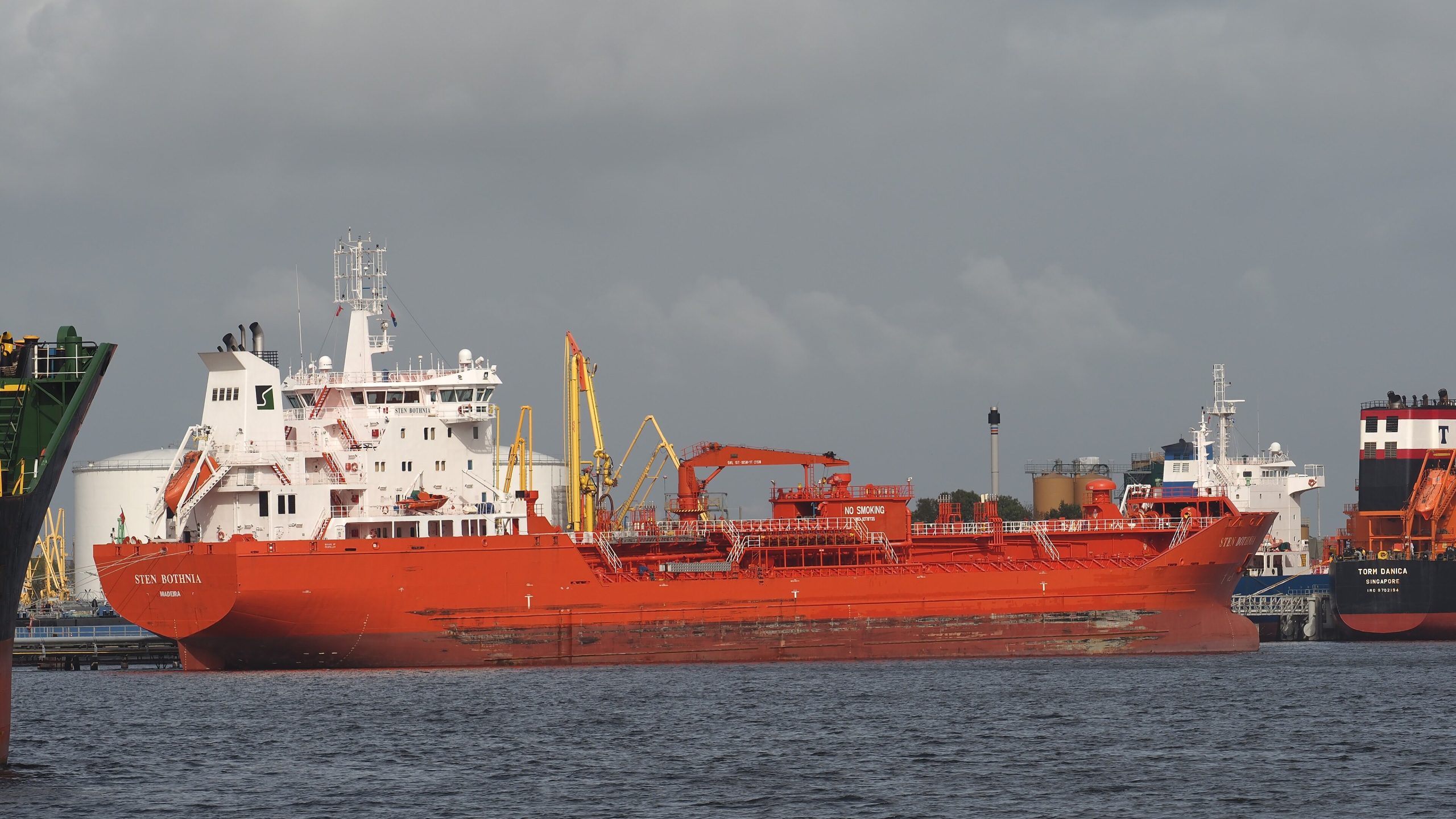 Chemical and oil products tanker underway in harbour